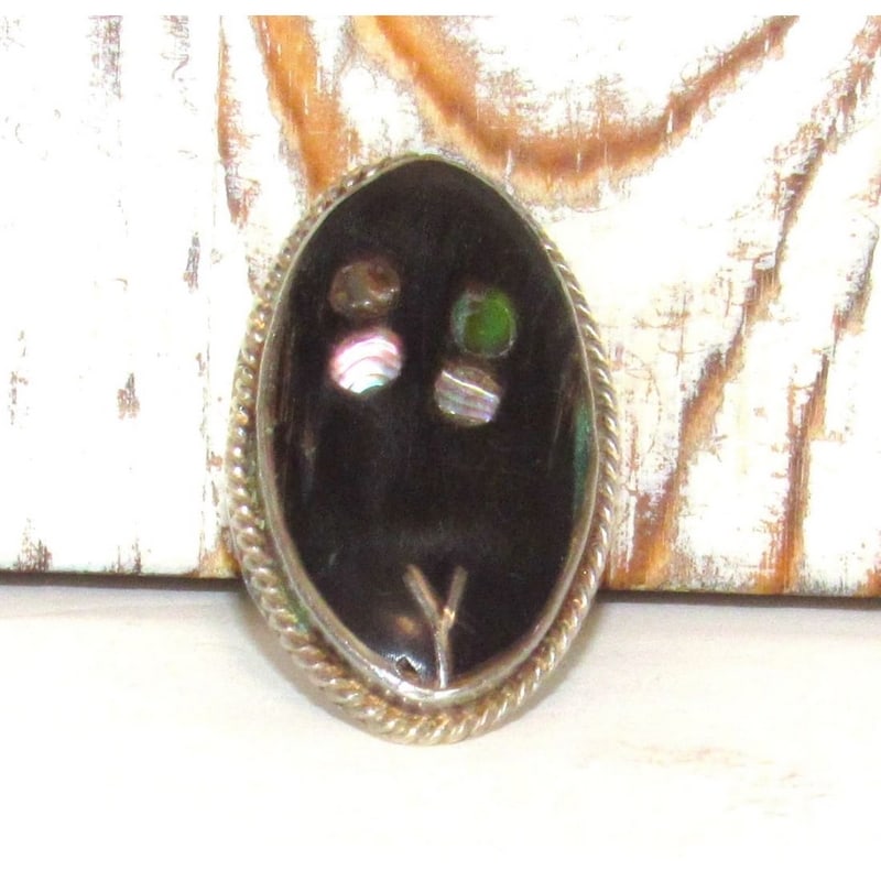 Vintage TAXCO Mexico Brooch Ring Sz 5.5 925 Silver Jet & Abalone (1 of 5)