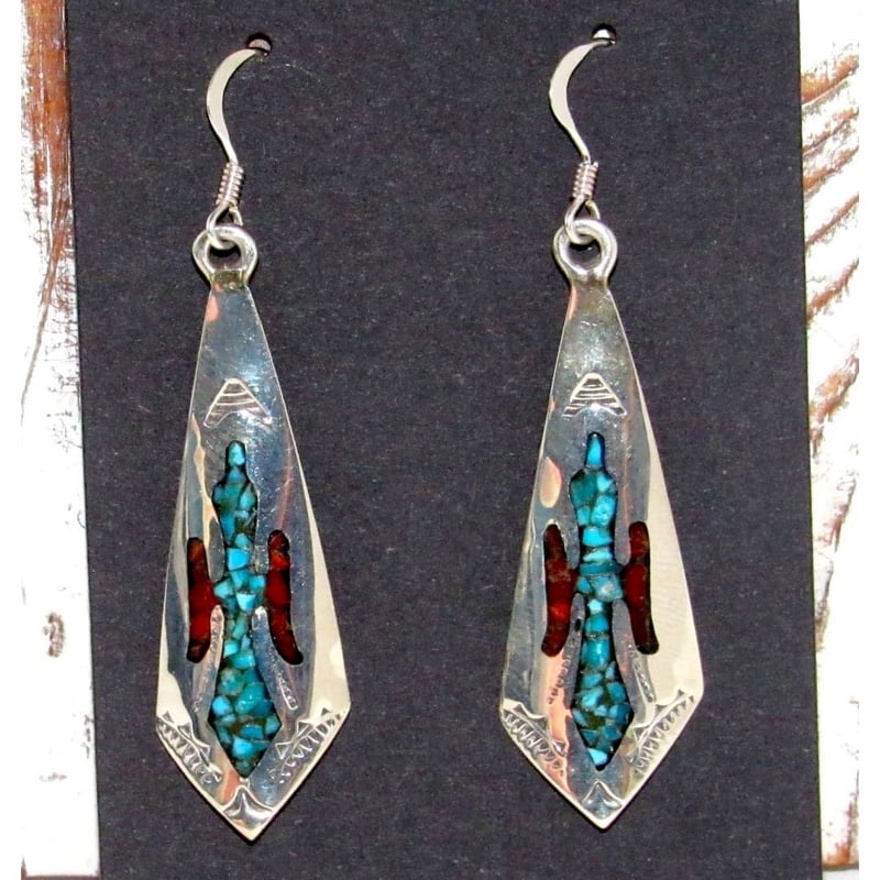 Navajo Dangle Earrings Peyote Bird Turquoise Coral Inlay J. Yazzie (1 of 4)