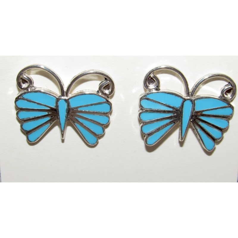 Zuni Inlay Butterfly Earrings Sterling Silver E. Edaakie Native American (1 of 2)