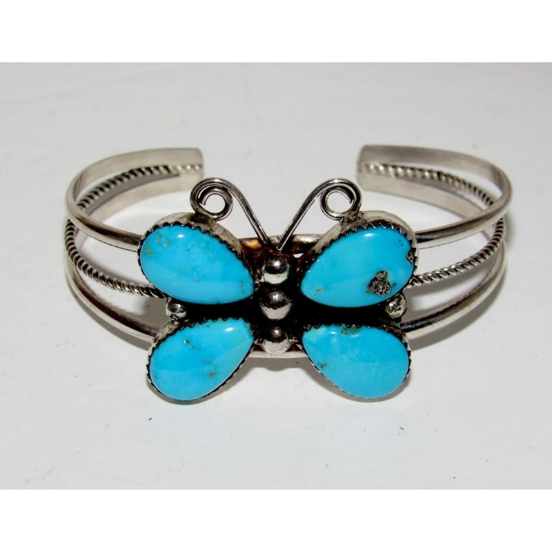 Navajo Kingman Turquoise Butterfly Cuff Bracelet Sterling Silver Signed (1 of 5)