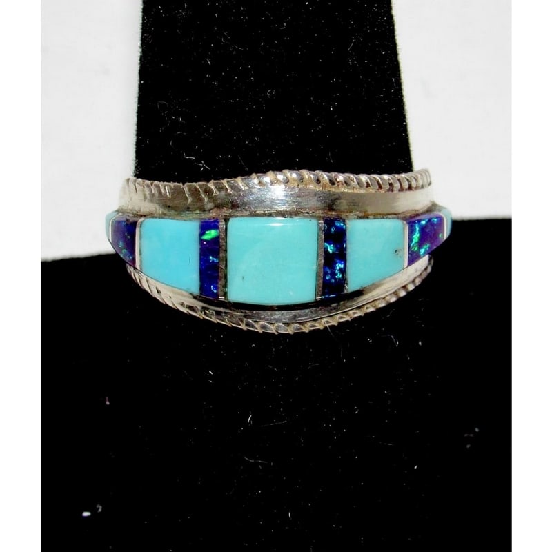 Zuni Turquoise Opal Inlay Ring Sz 8 Sterling Silver D. Luna (1 of 5)