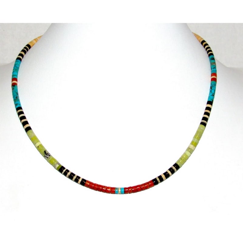 Santo Domingo Rolled Shell Orange Spiny & Turquoise Heishi Choker Necklace 18"L: Stunning Santo Domingo pen shell, orange spiny & Kingman turquoise rolled heishi beads choker necklace with sterling silver clasp by the Santo Domingo artist J. Tenorio. Measures about 18" long. Gorge