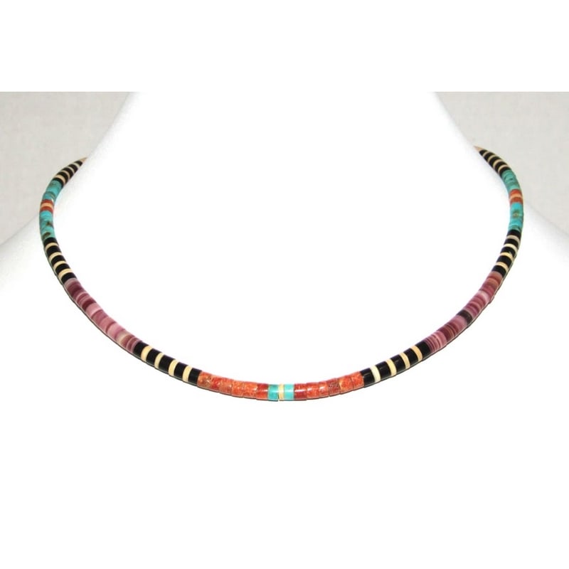 Santo Domingo Rolled Shell Orange Spiny & Turquoise Heishi Choker Necklace 16"L: Stunning Santo Domingo pen shell, orange spiny & Kingman turquoise rolled heishi beads choker necklace with sterling silver clasp by the Santo Domingo artist J. Tenorio. Measures about 16" long. Gorge