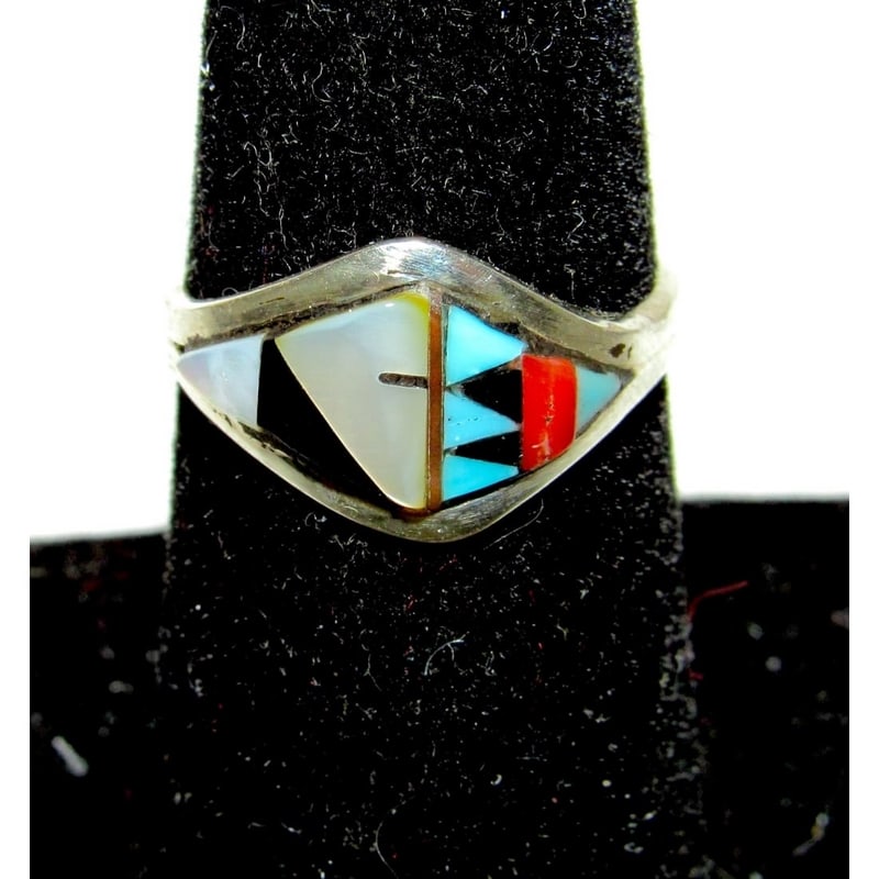 Zuni Coral Turquoise Inlay Band Ring Size 6 Sterling Silver: For your consideration is this fab Zuni sterling silver and turquoise, coral, mother of pearl inlay ring in size 6. Traditional Zuni inlay design in sterling silver. Size 6. Wonderful example of
