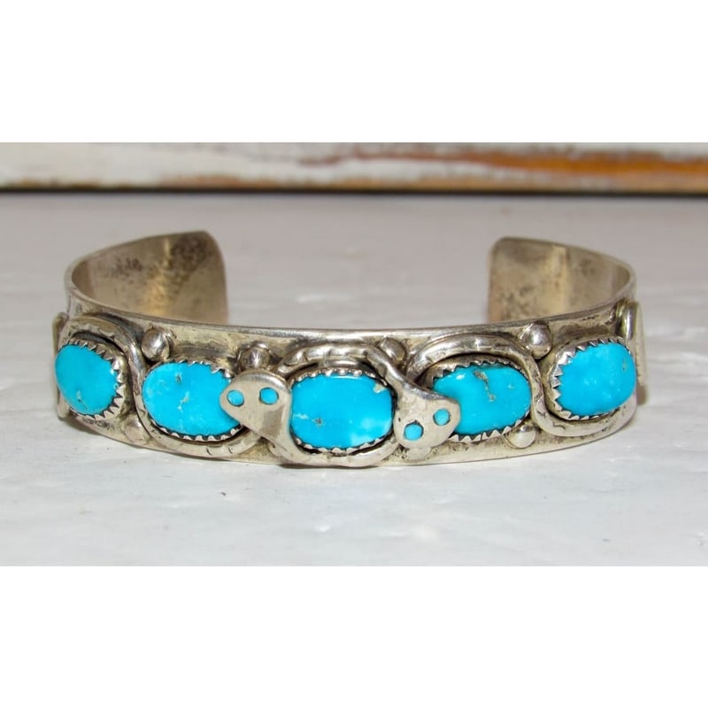 Zuni Snake Bracelet Turquoise & Sterling Silver Calavaza 7" Wrist (1 of 6)