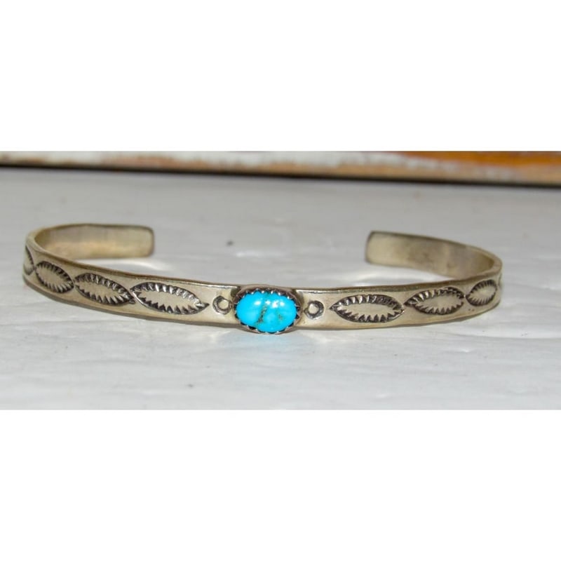 Navajo Kingman Turquoise Stacker Cuff Sterling Hand Etched Bracelet Signed: Navajo sterling silver stacker cuff bracelet featuring a natural Kingman turquoise cabochon with classic stamped details. Slim, clean profile makes it perfect for stacking or wearing alone for a subtl