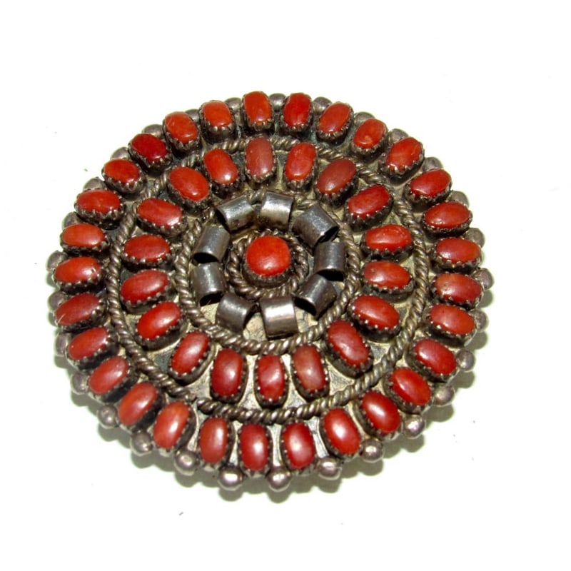 Old Pawn Zuni Coral Cluster Pin Pendant Sterling Silver Brooch Signed Vintage (1 of 5)