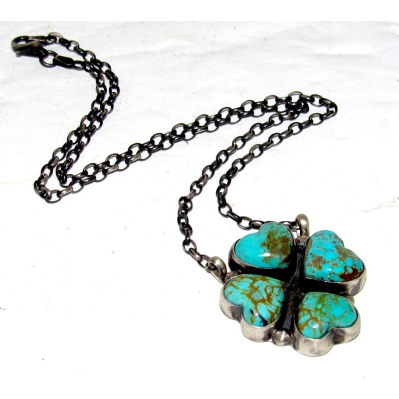 Navajo Royston Turquoise 4 Leaf Clover Necklace Sterling Silver D Skeets: For your consideration is this gorgeous Navajo sterling silver and Royston turquoise 4 Leaf Clover bar necklace by the Navajo artist Donovan Skeets. Stunning stones and intricately hand etched, detail