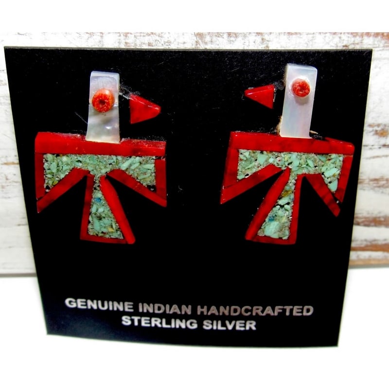 Kewa Santo Domingo Thunderbird Earrings Turquoise Coral D. Crespin (1 of 4)