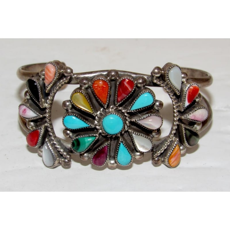 Vintage Zuni Cluster Cuff Bracelet Sterling Silver Phyllis Coonsis Turquoise Multi Stone (1 of 6)