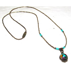 Vintage Southwestern Liquid Silver Necklace with Multi Stone Inlay Pendant