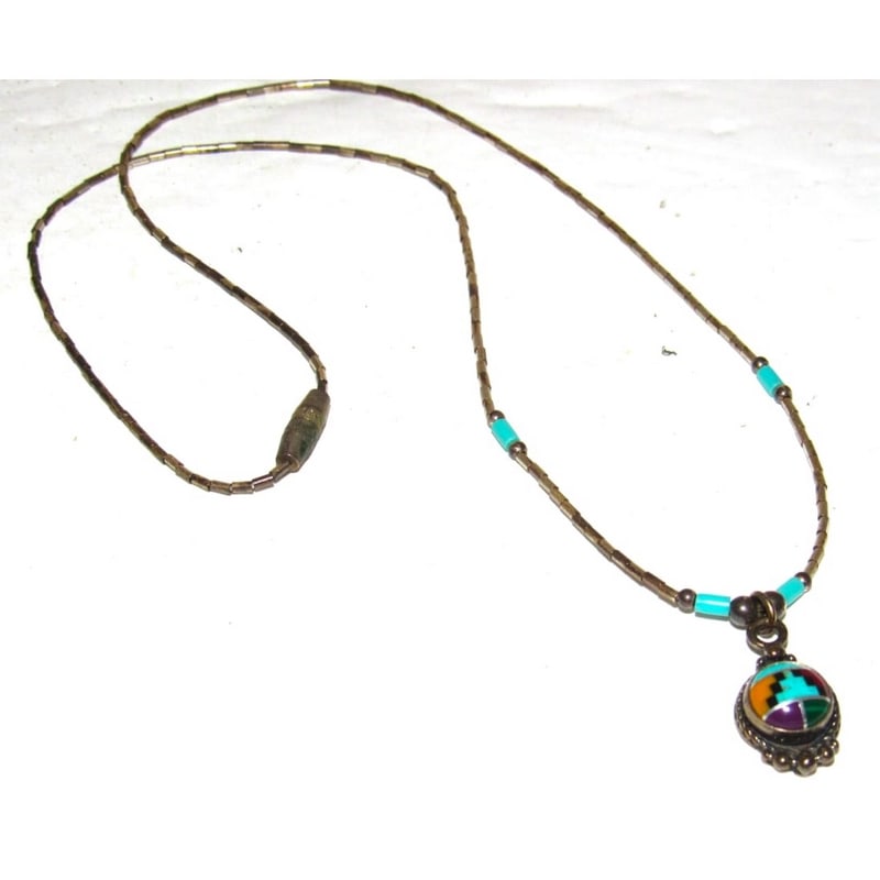 Vintage Southwestern Liquid Silver Necklace with Multi Stone Inlay Pendant (1 of 3)
