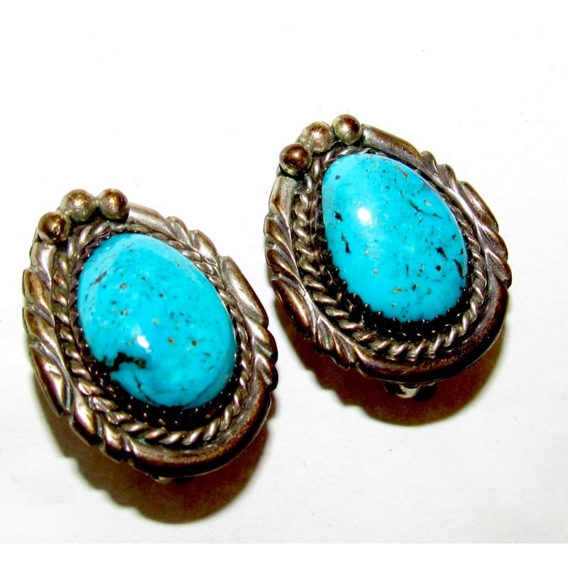 Vintage Navajo Kingman Turquoise Clip On Earrings Sterling Silver Native Signed (1 of 6)