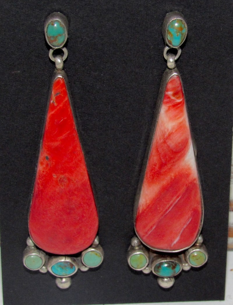 Navajo Turquoise Red Spiny Dangle Earrings Vernon Clarissa Hale (1 of 4)