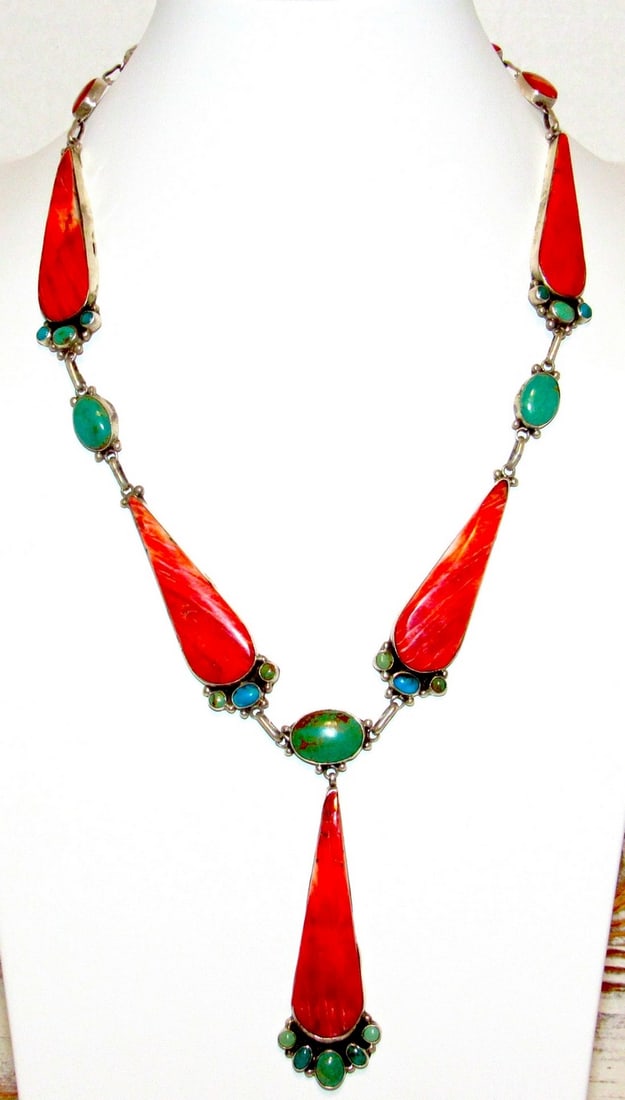 Navajo Turquoise Red Spiny Lariat Necklace Vernon Clarissa Hale: Navajo Turquoise Red Spiny Lariat Necklace by Vernon Clarissa Hale. Introducing this phenomenal colorful Navajo sterling Royston & Kingman mine turquoise and red spiny oyster lariat necklace by the hi