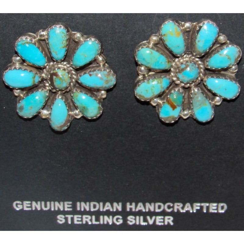 Navajo Turquoise Cluster Post Earrings Sterling Silver 1" by Ophelia Moses: Stunning Navajo sterling silver and turquoise cluster post earrings by the collectible Navajo artist Ophelia Moses. The earrings measure about 1" in diameter. Stunning craftsmanship and attention to d
