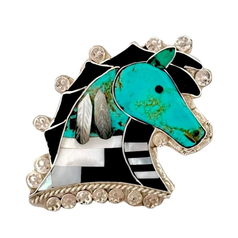 Zuni Horse Pendant Turquoise Jet Inlay Sterling Silver E. Martinez: Zuni Horse Pendant Turquoise Jet Inlay Sterling Silver E. Martinez. Zuni handmade sterling silver pendant/pin by E. Martinez featuring a horse design in fine inlay of Kingman turquoise, mother of pear