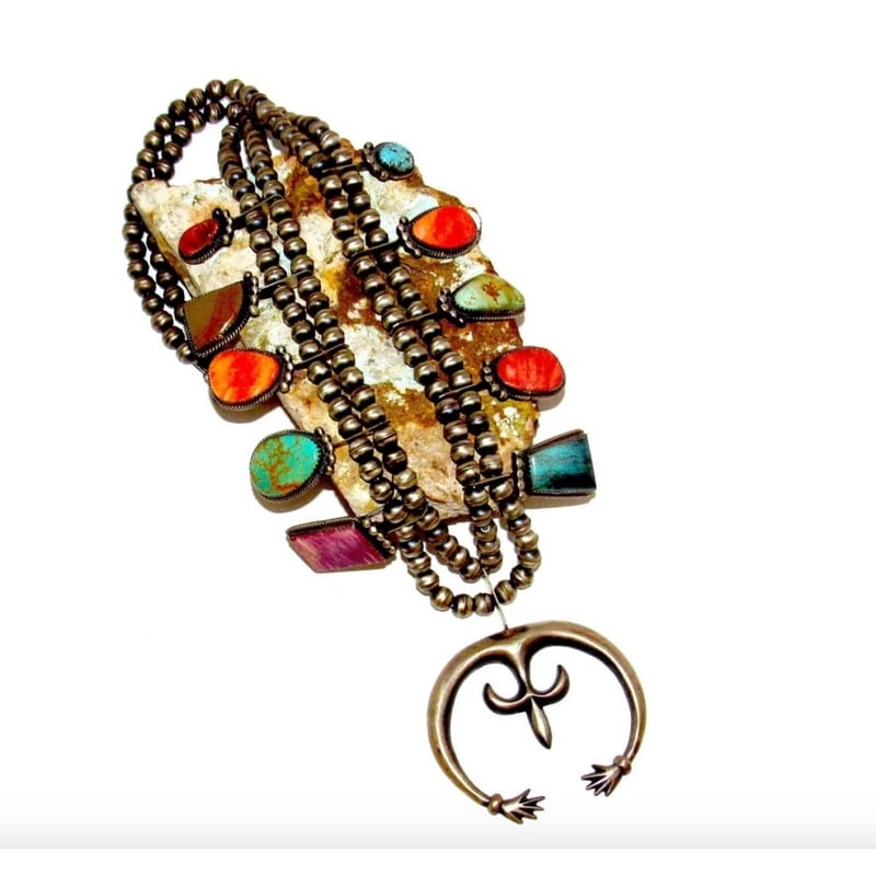 Navajo Squash Blossom Necklace Sterling Silver Turquoise Spiny Oyster G.Boyd: This gorgeous Navajo handmade squash blossom naja necklace showcases gorgeous orange & purple spiny oyster and blue & green Royston turquoise in sterling silver with healing hands sterling silver naja