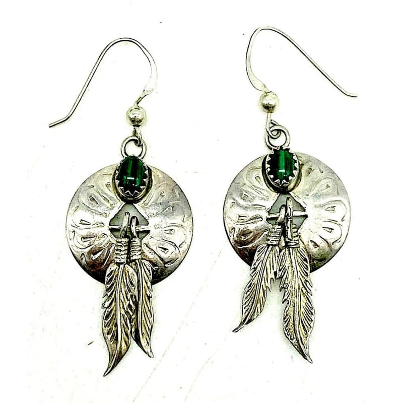 Vintage Navajo Sterling Silver Malachite Dreamcatcher Dangle Earrings (1 of 3)