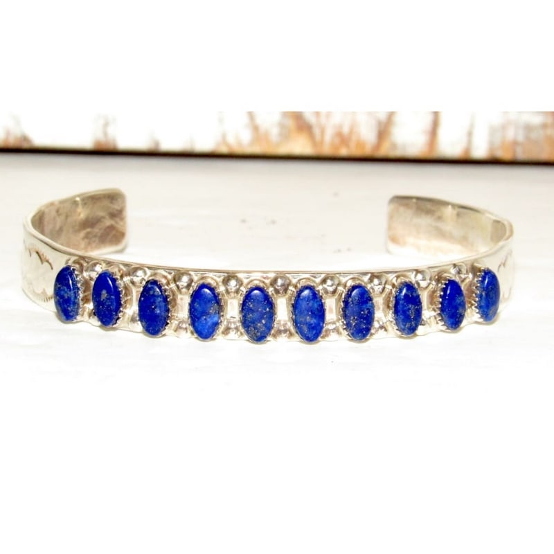 Zuni Lapis Cuff Bracelet Sterling Silver Stacker Native American Coonsis (1 of 6)