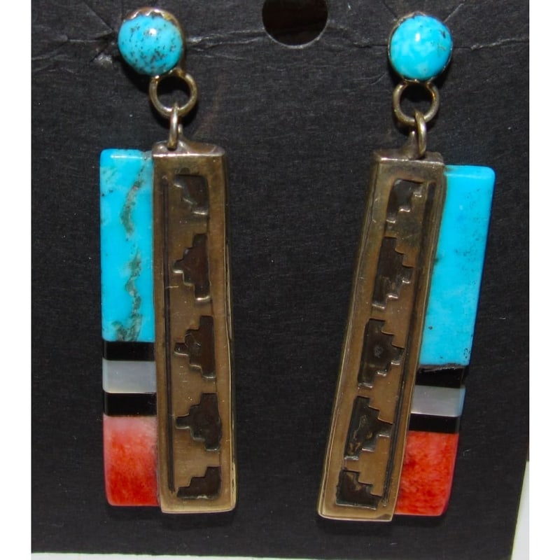 VTG Navajo Orange Spiny & Turquoise Dangle Earrings Sterling Silver E. Jackson: VTG Navajo Orange Spiny & Turquoise Dangle Earrings Sterling Silver E. Jackson. For your consideration is a pair of these fab vintage Navajo sterling silver, Kingman mine turquoise, black jet &