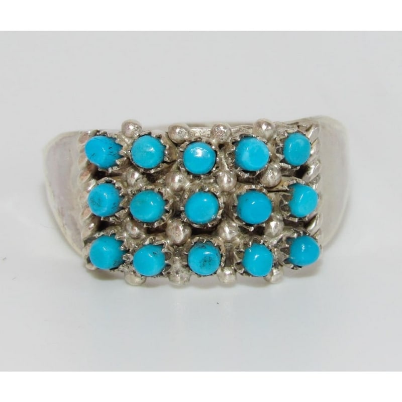 Zuni Snake Eye Turquoise Cluster Ring Size 8.5 Sterling Silver Stephen Haloo: Zuni Snake Eye Turquoise Cluster Ring Size 8.5 Sterling Silver Stephen Haloo. For your consideration is this stunning Zuni sterling silver and snake eye Sleeping Beauty mine turquoise cluster ring in