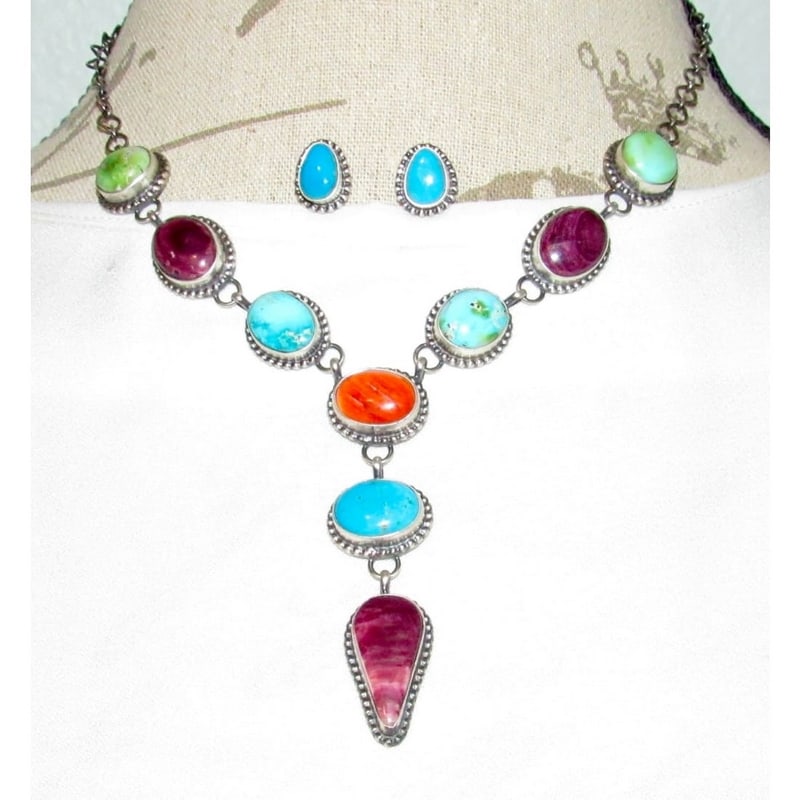 Navajo Turquoise Spiny Oyster Lariat Necklace Earrings Sterling Silver D. Begay: Navajo Turquoise Spiny Oyster Lariat Necklace Earrings Sterling Silver D. Begay. For your consideration is this outstanding Navajo sterling silver, gorgeous Kingman& Royston turquoise and orange and p