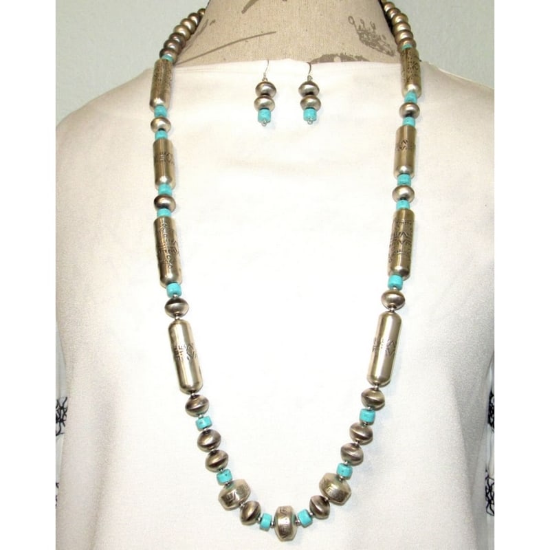 Massive Navajo Pearls Necklace & Earrings Set Sterling Silver 110.7G Signed: Phenomenal Native American Navajo sterling silver Navajo pearls necklace and earrings set with turquoise accents. Hand made, hand stamped sterling silver barrel & saucer beads strung on a sturdy foxta