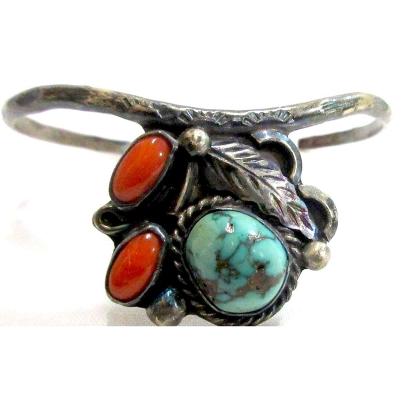 Old Pawn Navajo Turquoise Coral Sterling Silver Stacker Cuff Bracelet: Old Pawn Navajo Turquoise Coral Sterling Silver Stacker Cuff Bracelet. Stunning vintage Navajo sterling silver turquoise & coral stacker cuff bracelet. The inside circumference is about 7" including t