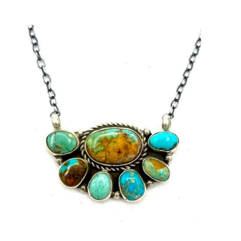 Navajo Royston Turquoise Cluster Bar Necklace Sterling Silver G. James: For your consideration is this stunning Navajo sterling silver and gorgeous Royston turquoise cluster bar necklace. The necklace is about 18" and the length can be adjusted to a shorter length. The tu