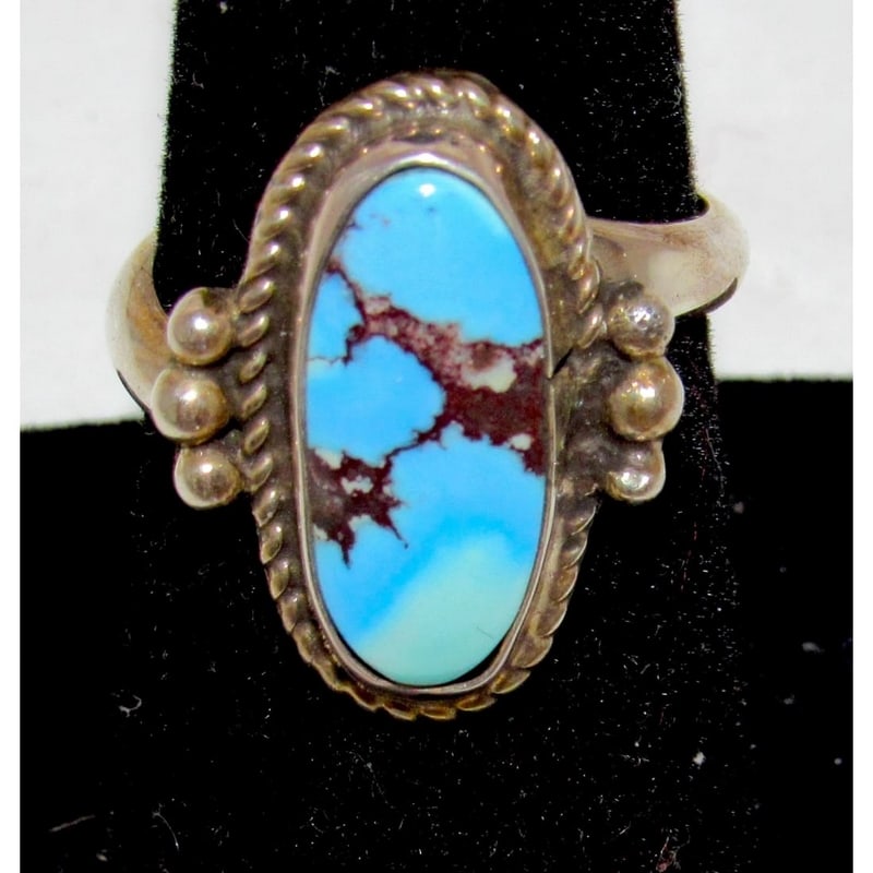 Navajo Golden Hills Turquoise Ring Sz 7 Adjustable Sterling Silver M James: Classic Native American Navajo sterling silver & gorgeous Golden Hills mine blue turquoise in desirable shades intricately hand etched single stone small ring in size 7, adjustable size, by the Navajo