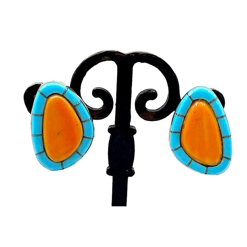Vintage Navajo Orange Spiny Turquoise Inlay Sterling Silver Earrings Signed: Vintage Navajo Orange Spiny Turquoise Inlay Sterling Silver Earrings Signed. For your consideration is a pair of these stunning Navajo sterling silver, orange spiny and Sleeping Beauty mine inlay post