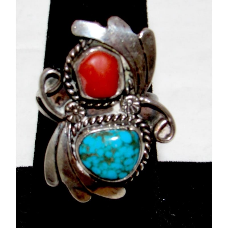Old Pawn Navajo Turquoise Coral Blossom Ring Size 6 Sterling Silver Native: Old Pawn Native American Navajo sterling silver, coral, and turquoise ring in size 6. Nice vintage condition, patina. Traditional squash blossom design.