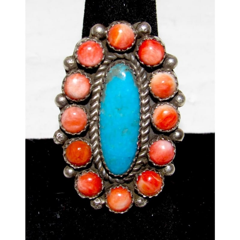 Navajo Turquoise Orange Spiny Cluster Ring Adjustable Size 8 Sterling P. Yazzie: For your consideration is this exquisite Navajo Sterling Silver, Turquoise, and Red Orange Spiny Oyster Cluster Ring by the wonderful Navajo artist P. Yazzie. This breathtaking piece showcases a stunn