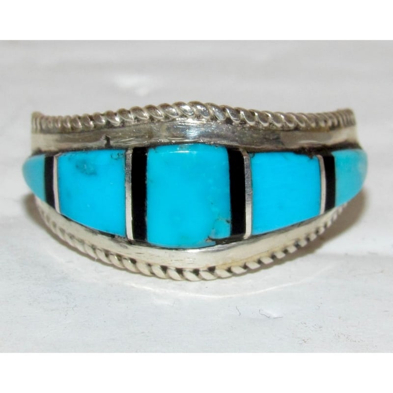 Zuni Turquoise Jet Inlay Ring Sz 8.5 Sterling Silver D. Panteah (1 of 5)