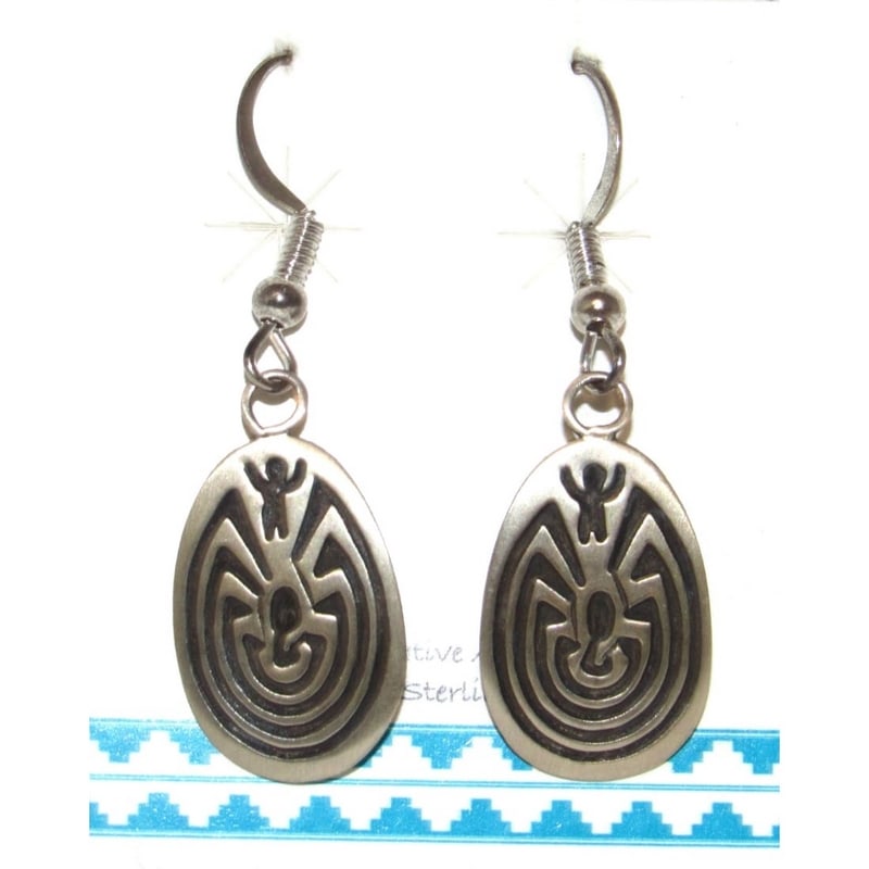 Navajo Man in a Maze Dangle Earrings Sterling Silver Signed: Navajo Man in a Maze Dangle Earrings Sterling Silver Signed. Fab pair of Navajo sterling silver dangle earrings with a traditional "man in a maze" design and French hooks. Signed by the artist on the