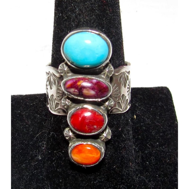 Navajo Turquoise Orange Red Purple Spiny Cluster Ring Sz 9 Sterling Silver: Navajo Turquoise Orange Red Purple Spiny Cluster Ring Sz 9 Sterling Silver. Wonderful Native American Navajo sterling silver, orange, red, and purple spiny oyster & Sleeping Beauty mine turquoise clus