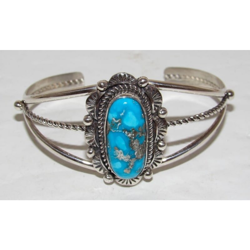 Navajo Sonoran Gold Blue Turquoise Cuff Bracelet Sterling Silver J. Begay (1 of 4)