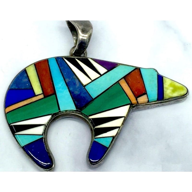 Navajo Turquoise Multi Stone Inlay Reversible Bear Pendant Sterling Silver: Navajo Turquoise Multi Stone Inlay Reversible Bear Pendant Sterling Silver. For your consideration is this spectacular example of collectible Native American art. This fine vintage sterling silver rev