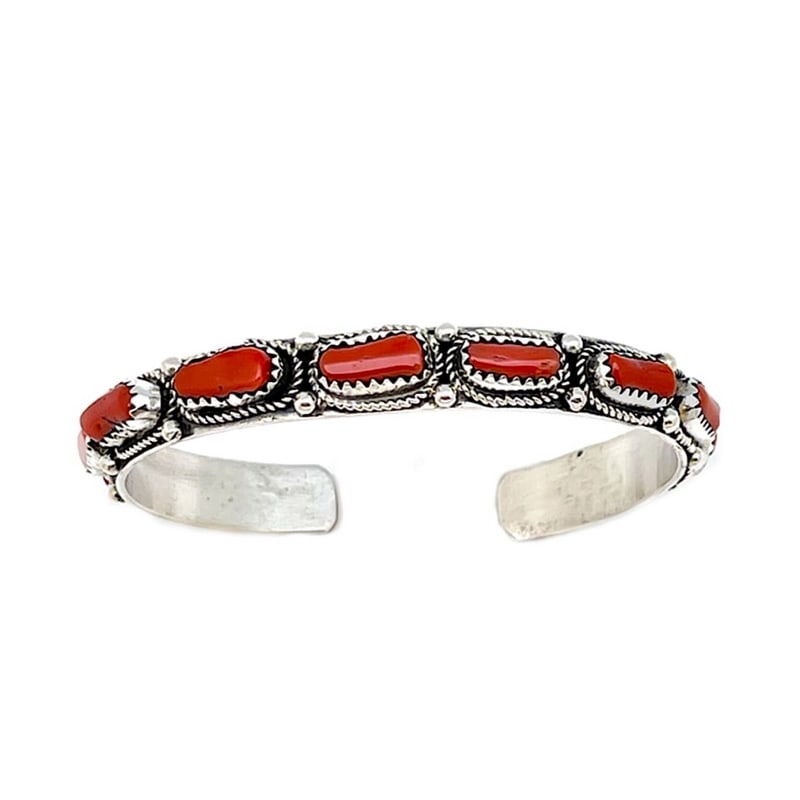 Navajo Mediterranean Coral Stacker Cuff Bracelet Sterling Silver Signed Native: Stunning sterling silver and gorgeous natural Mediterranean coral Native American Navajo stacker cuff bracelet by the Navajo artist J. Yazzie.Traditional hand etched design, accented with a gorgeous,