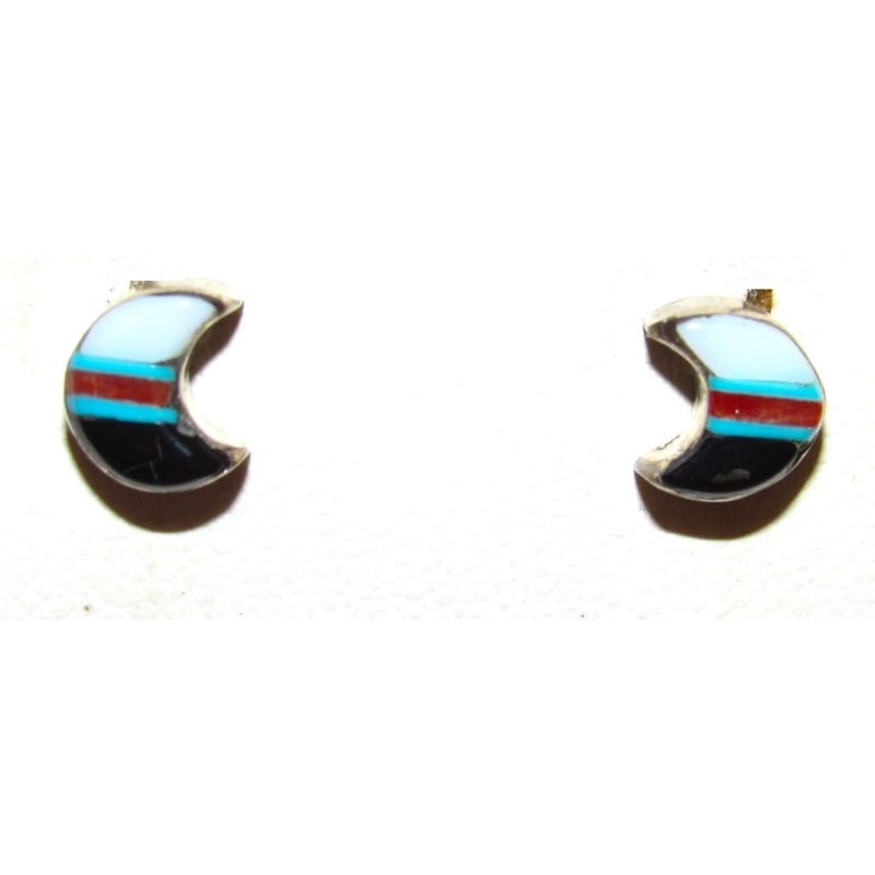 Zuni Inlay Crescent Moon Inlay Post Earrings Sterling Silver F. Chapito: Fab pair of Zuni sterling silver and onyx, mother of pearl, and turquoise inlay crescent moon post earrings by F. Chapito. Fab pieces. Measure about 1/4".