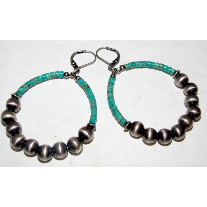 Navajo Rolled Kingman Turquoise & Sterling Navajo Pearls Beads Hoop Earrings: Stunning Navajo Kingman turquoise small rolled beads and sterling silver Navajo pearl beads with satin finish statement hoop earrings by a Navajo artist. The earrings are lever back type and measure a