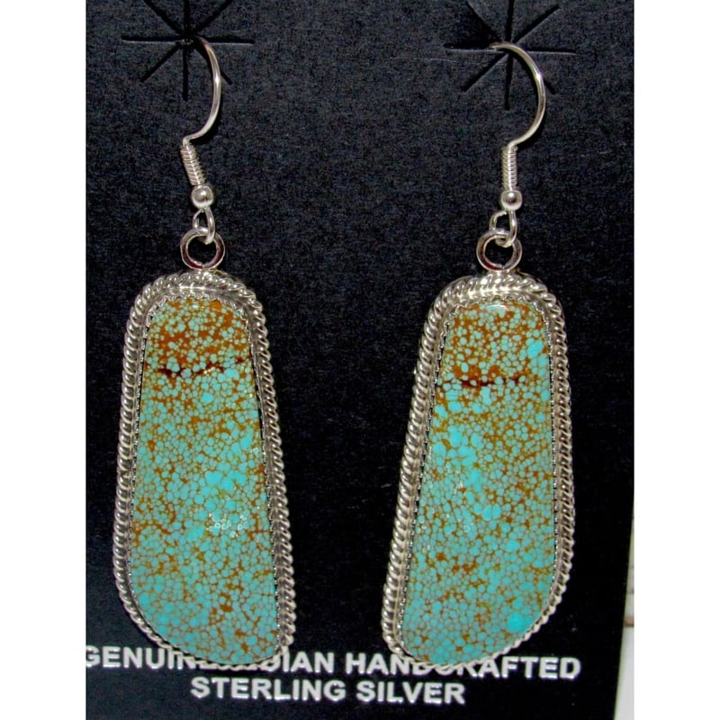 Navajo Number 8 Turquoise Dangle Earrings Sterling L Hurley: Exceptional Navajo sterling silver and Number 8 mine turquoise statement dangle earrings with a French hook by the Navajo artist Leon Begay. The earrings measure about 2-1/2" long and 3/4". Stunning c