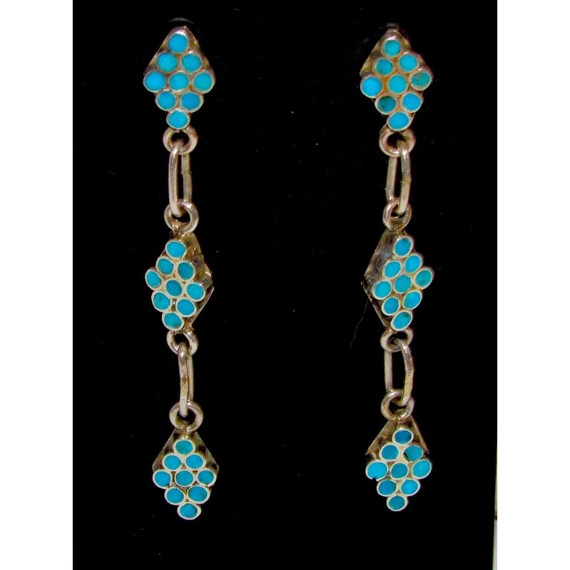 Zuni Dishta Style Inlay Turquoise Dangle Earrings Sterling Silver: Stunning Zuni sterling silver and Dishta Style Sleeping Beauty turquoise dangle earrings. The earrings measure about 2 1/4" long. Stunning traditional craftsmanship and attention to detail, turquoise