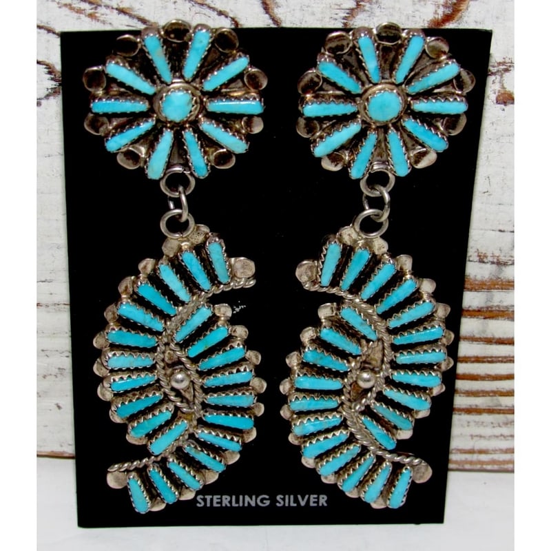 Vintage Zuni Petit Point Turquoise Dangle Earrings Sterling Virginia Byjoe: Phenomenal vintage collector quality Zuni sterling silver and petit point turquoise dangle statement earrings by the collectible Zuni artist Virginia Byjoe. The earrings impressively measure about 3"