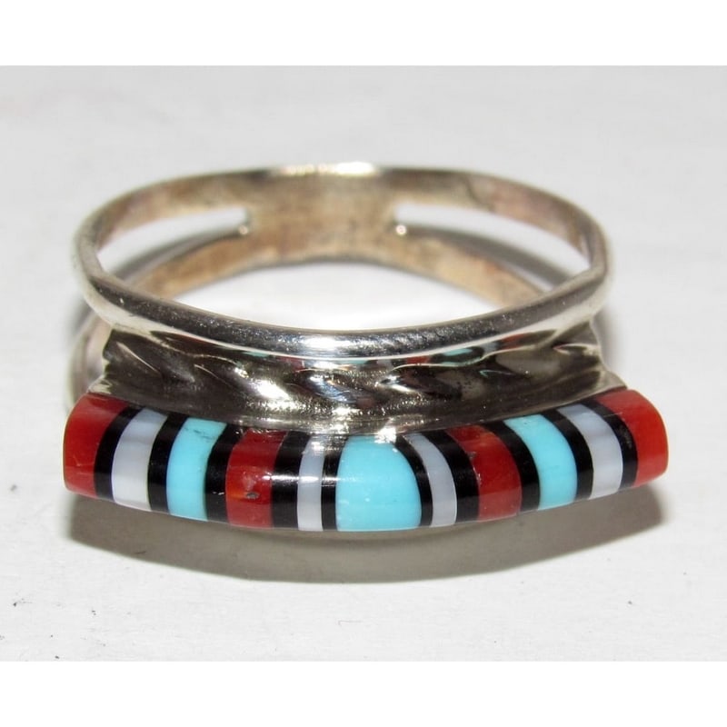 Vintage Zuni 3D Coral Turquoise Inlay Band Ring Size 7.5 Sterling Silver: For your consideration is this fab vintage Zuni sterling silver and 3D turquoise, coral, mother of pearl inlay band ring in size 7.5.. Traditional Zuni inlay design in sterling silver. Size 7.5. The r