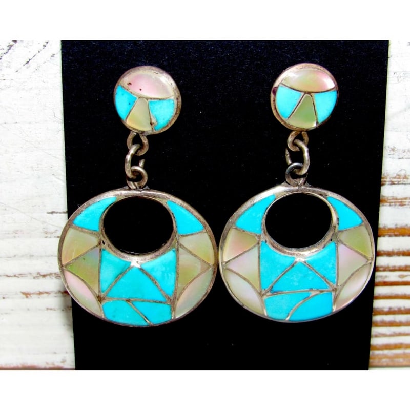 VTG Zuni Inlay Turquoise MOP Dangle Earrings Sterling Silver Edison & Laurenda Bobelu: Phenomenal vintage Zuni sterling silver and Sleeping Beauty mine turquoise and Mother of Pearl inlay statement dangle earrings by the collectible Zuni artists Edison & Laurenda Bobelu. The earrings me