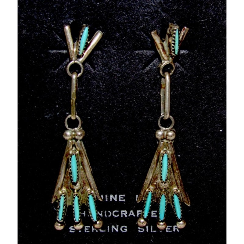 Old Pawn Zuni Petit Point Turquoise Sterling Silver Dangle Earrings: Stunning small vintage Zuni sterling silver and traditional petit point turquoise dangle earrings. Traditional "petit point" design. Unmarked as most vintage Native jewelry from the time period. Teste