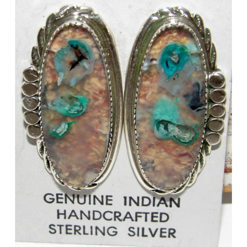 Navajo Opalized Wood Stud Earrings Sterling Silver V Cadman: Navajo Sterling Silver Opalized Wood Stud Earrings by V. CadmanStunning and highly unique Navajo sterling silver stud earrings featuring natural opalized wood, crafted by V. Cadman. Beautiful organic