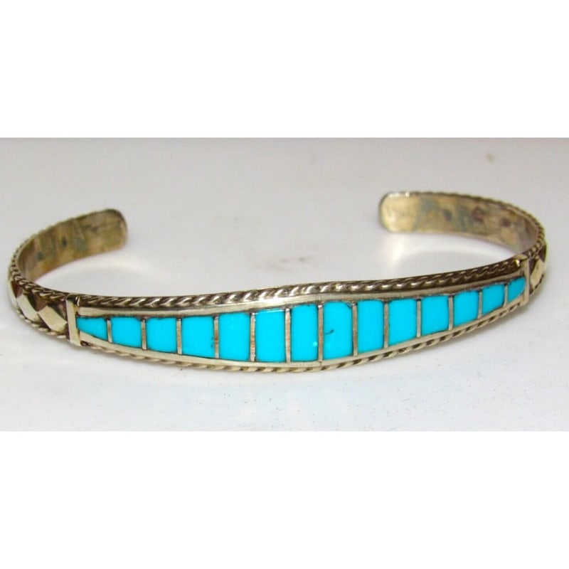 Zuni Turquoise Bracelet Inlay Sterling Native American Signed Stacker: Fab Native American Zuni sterling silver and Sleeping Beauty turquoise inlay cuff bracelet by the Zuni artist Miranda Peynetsa. Traditional inlay design in sterling silver. Great as a stacker cuff to